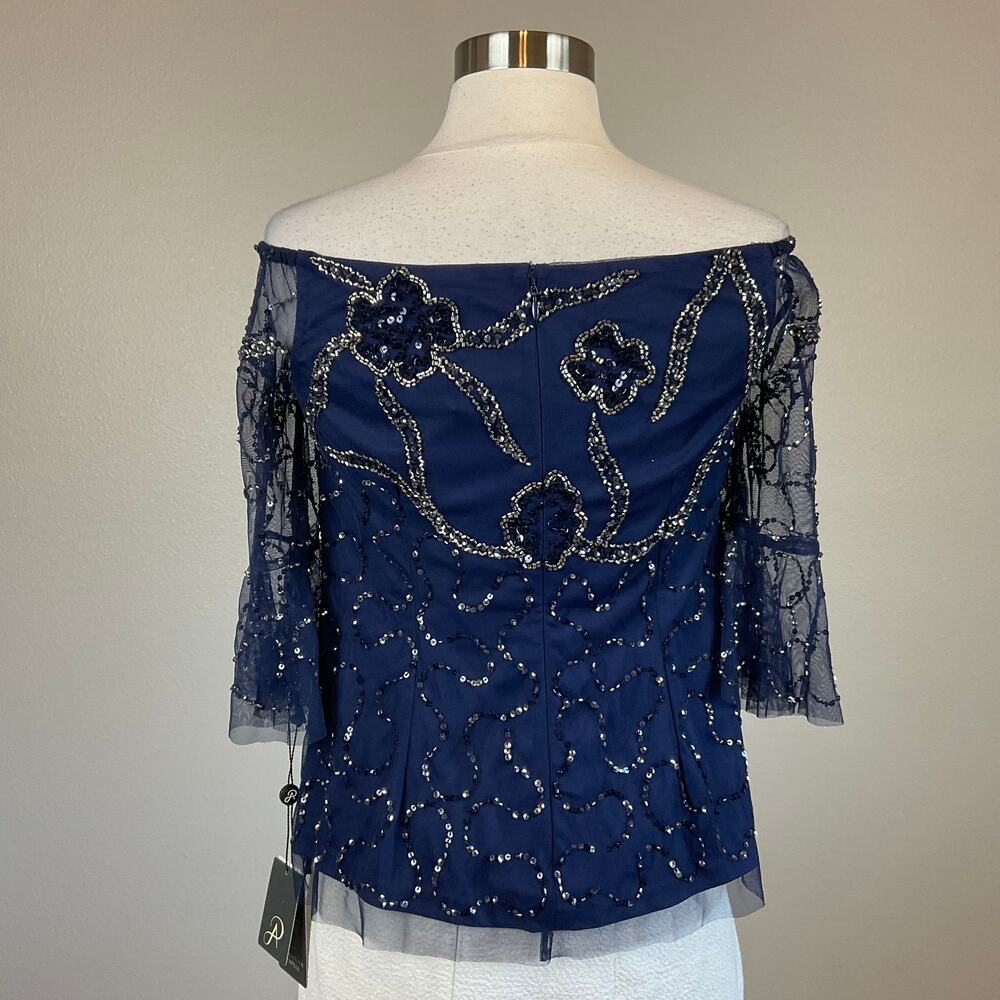 Adrianna Papell Blue Blouse Beaded Off the Shoulder Chiffon Long Sleeve Size 8 - Picture 5 of 10